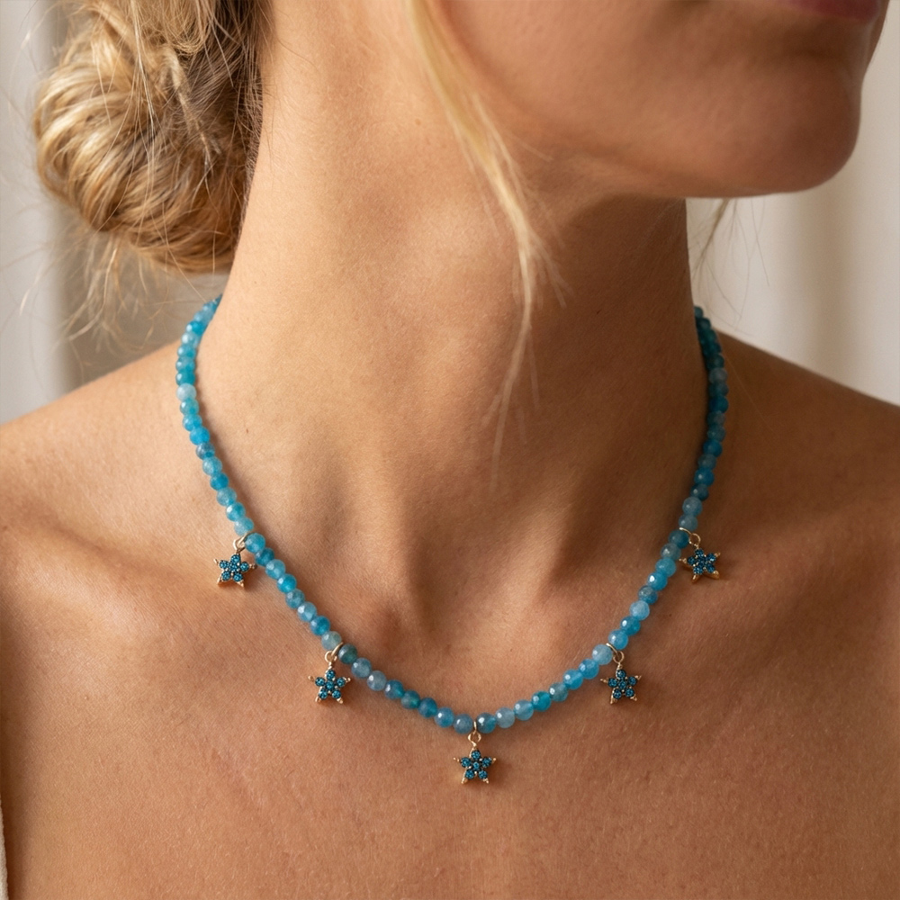 Blue crystal beaded necklace, stainless steel 14K gold plated five-pointed star pendant necklace