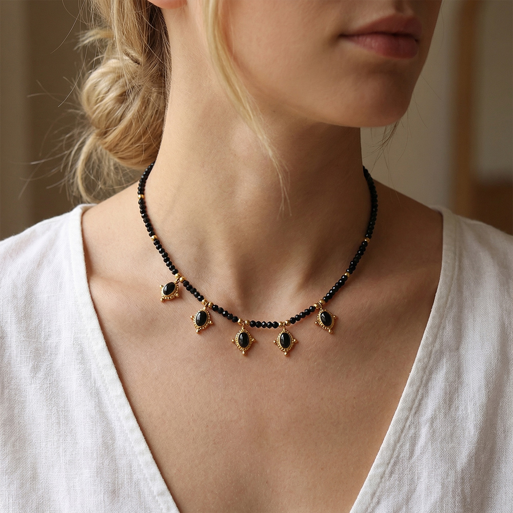 Handmade black flat crystal necklace with black natural stone pendant