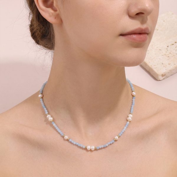 Blue crystal bead, Baroque natural pearl necklace