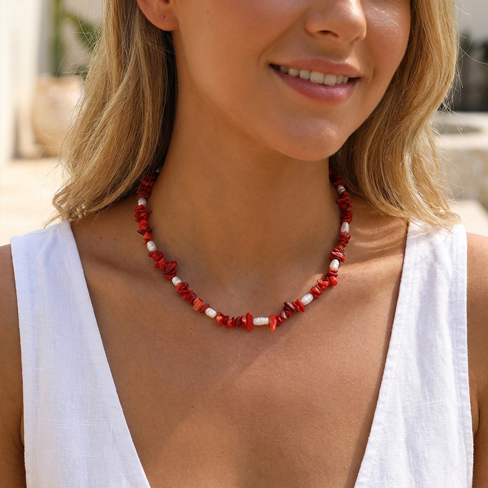 Handmade beaded red natural stone crystal necklace, Baroque natural pearl, crushed crystal.