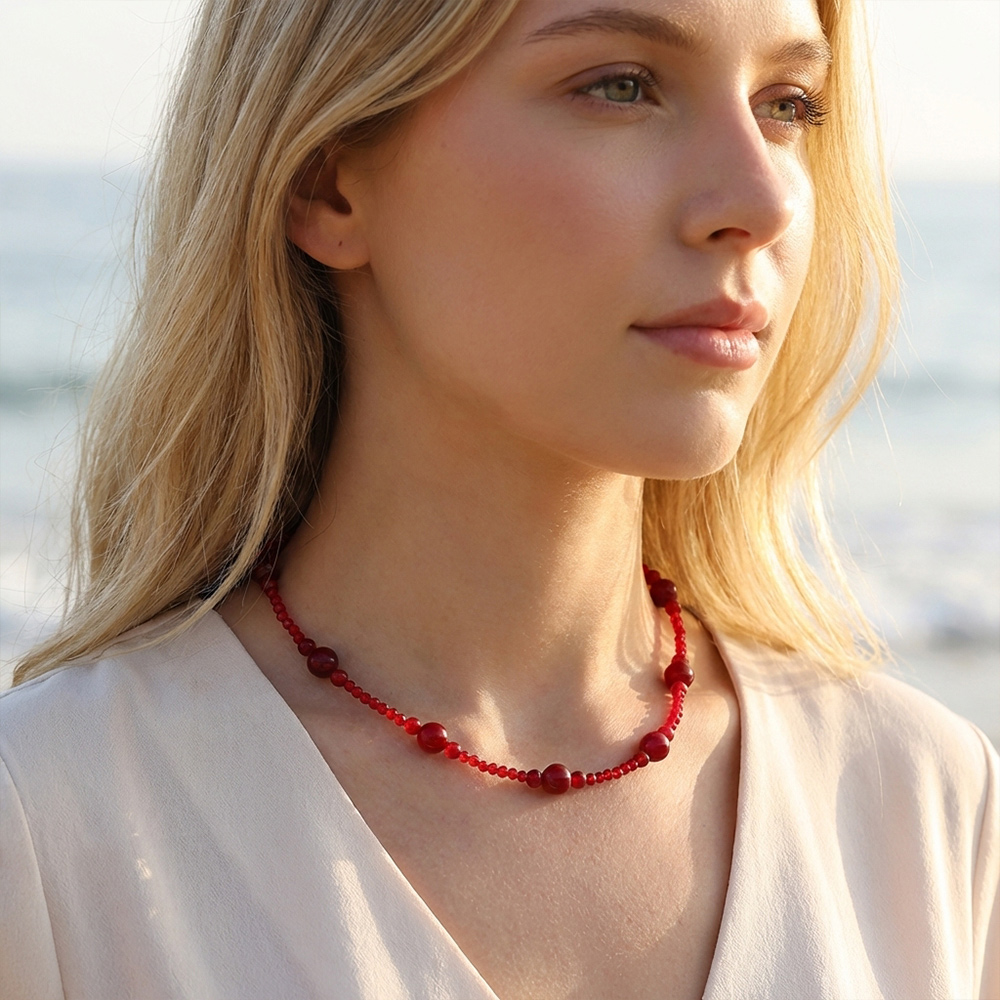 Angolan red beaded necklace, red crystal beaded chain