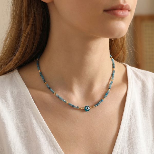 Blue natural stone crystal beaded necklace, evil eye pendant, bohemian style.