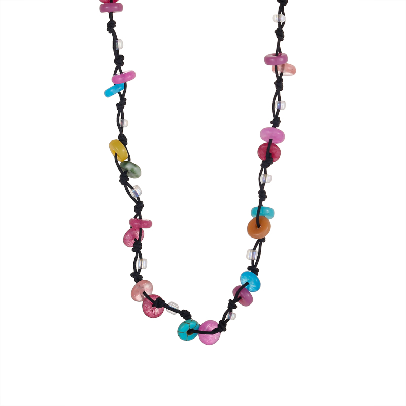 Bohemian-style handmade beaded necklace, black rope braided flat natural crystal knotted necklace, inspired lucky charm. - Image 5