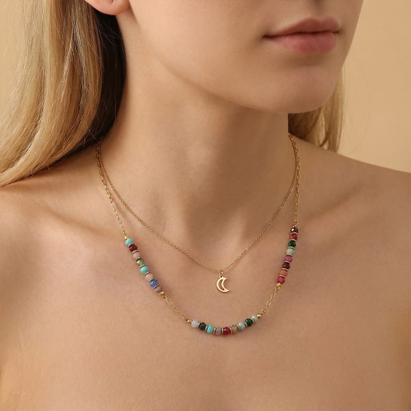 Natural crystal double-layer moon pendant necklace, crystal energy stone necklace