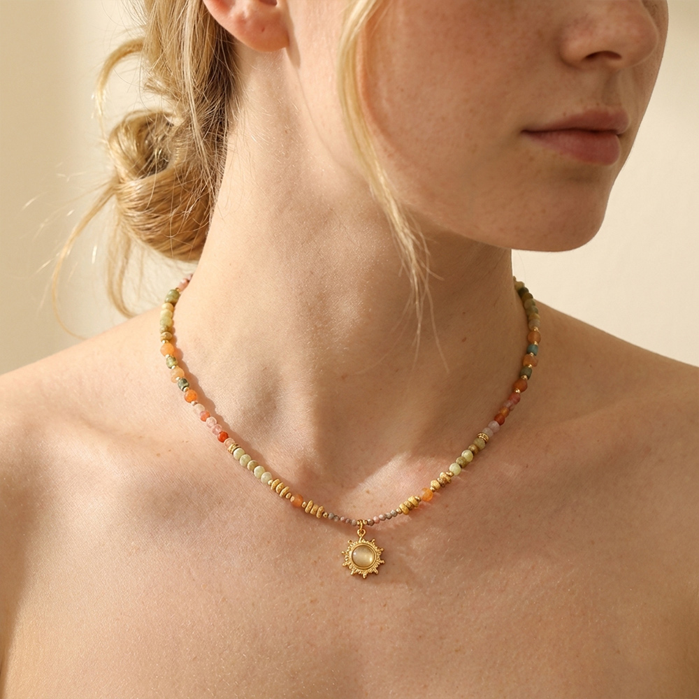 Bohemian style natural stone handmade beaded necklace, sun disc pendant necklace - Image 2