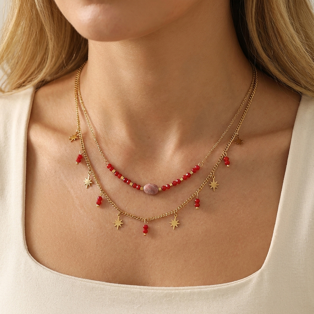 Bohemian-style double-layer handmade natural stone necklace, stainless steel 14K gold plated chain eight-pointed star necklace - Image 2