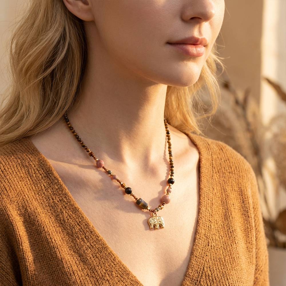 Bohemian style all encompassing natural stone bead handmade necklace, tiger eye stone, crystal, guardian elephant pendant - Image 2