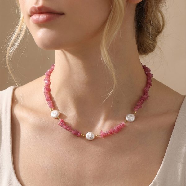 Rose quartz baroque pearl necklace, rose quartz, natural freshwater heteromorphic pearl