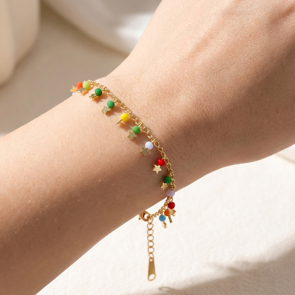 Five-pointed star tassel colored natural stone double-layer crystal bead bracelet - Image 2