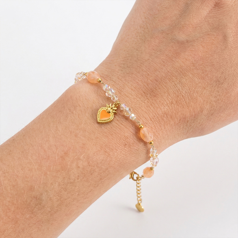 Sweet orange crystal natural stone heart pendant beaded bracelet - Image 3