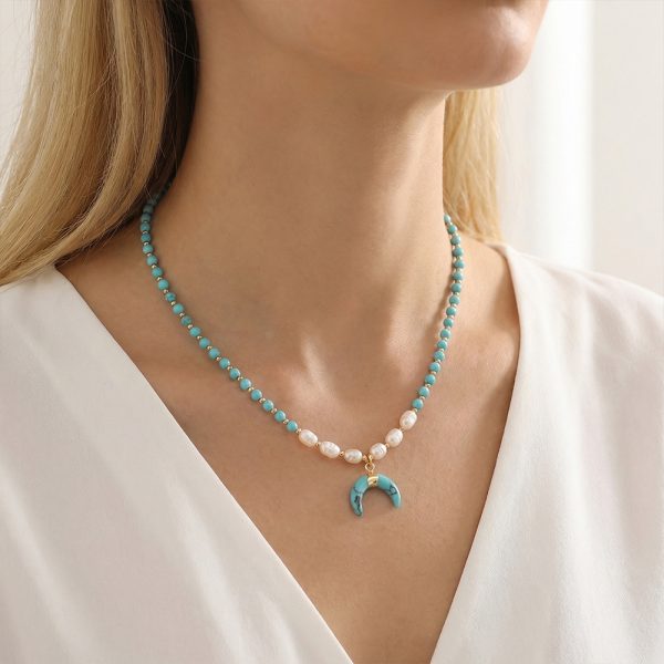 Turquoise and pearl necklace, stainless steel round beads plated with 14% gold spacer chain, turquoise horn pendant necklace