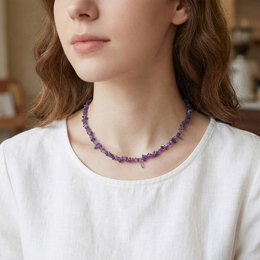 Handmade Chuantian Crystal Necklace, Amethyst Necklace, Crystal Chips