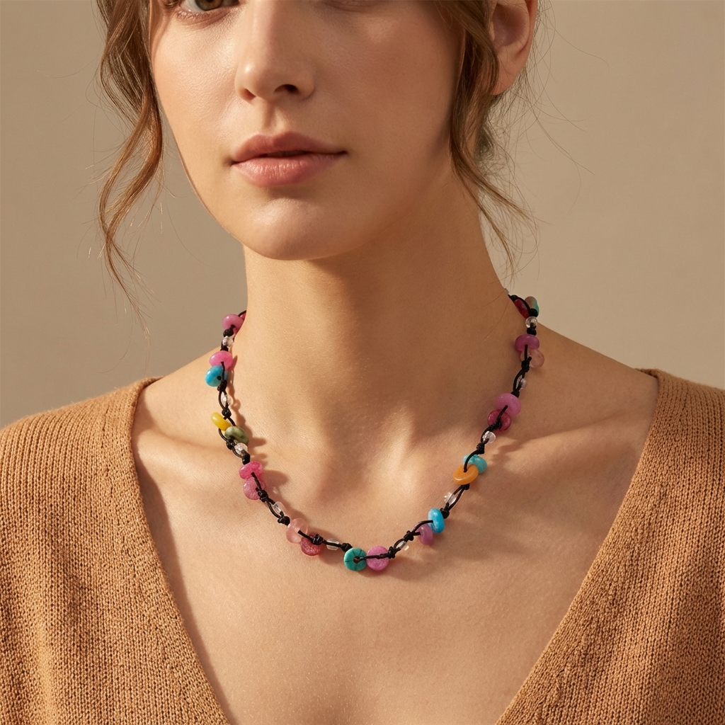 Bohemian-style handmade beaded necklace, black rope braided flat natural crystal knotted necklace, inspired lucky charm.