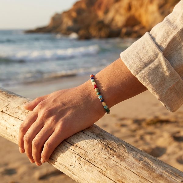 Natural stone bead bracelet, stainless steel with 14K gold plating