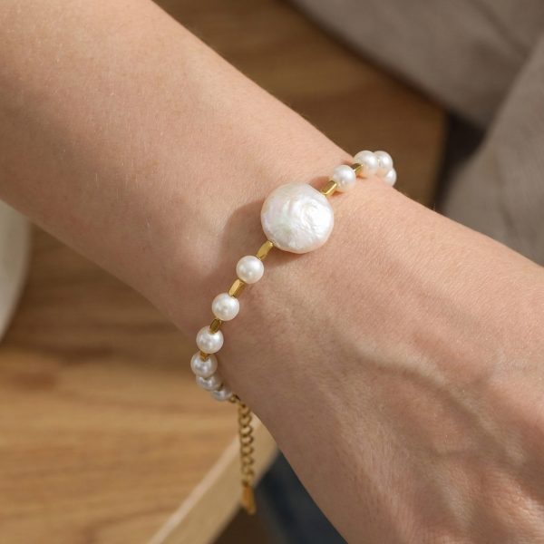 Baroque pearl bracelet, stainless steel square gold chain