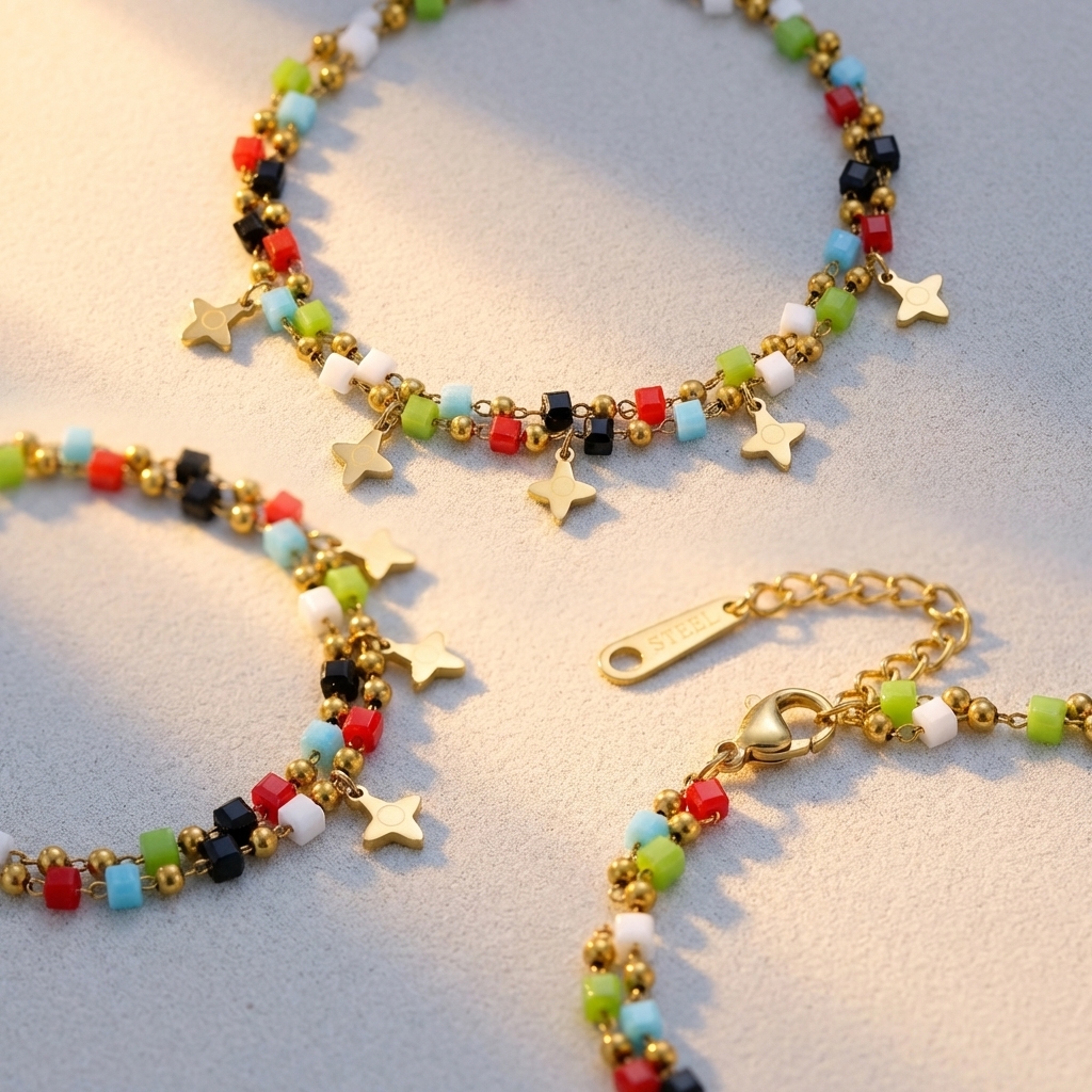 Double-layered colored natural stone square crystal cross star pendant bracelet, stainless steel electroplated 14K gold round bead chain - Image 5