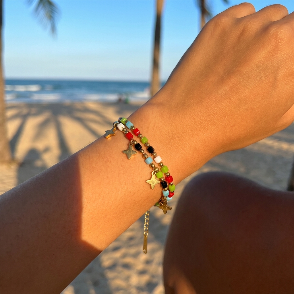 Double-layered colored natural stone square crystal cross star pendant bracelet, stainless steel electroplated 14K gold round bead chain - Image 2