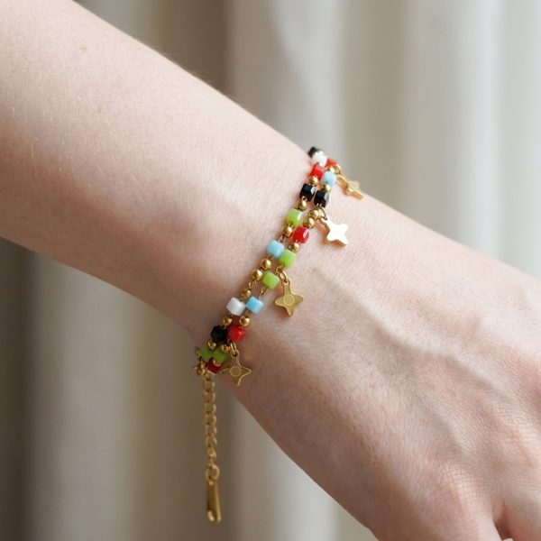 Double-layered colored natural stone square crystal cross star pendant bracelet, stainless steel electroplated 14K gold round bead chain