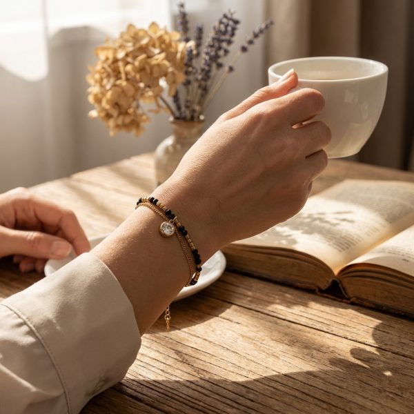 Double-layered zircon pendant bracelet, faceted black crystal bead bracelet