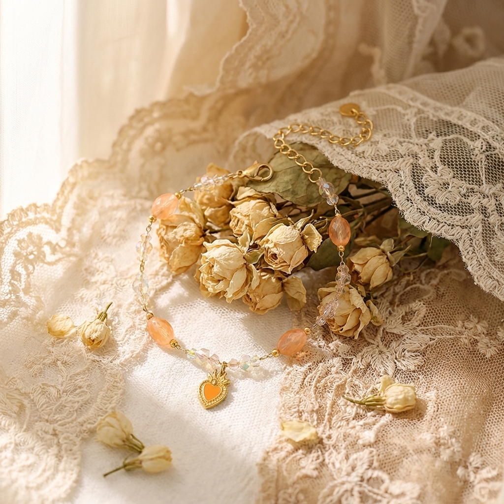 Sweet orange crystal natural stone heart pendant beaded bracelet - Image 5