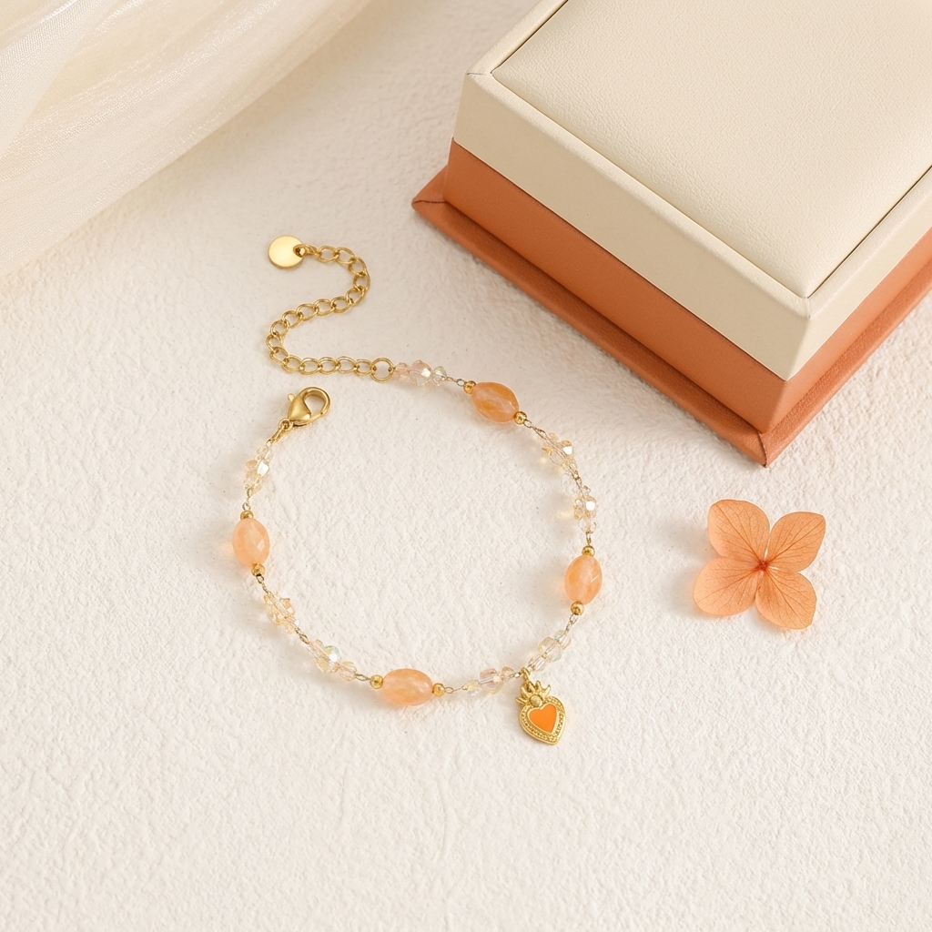 Sweet orange crystal natural stone heart pendant beaded bracelet - Image 4