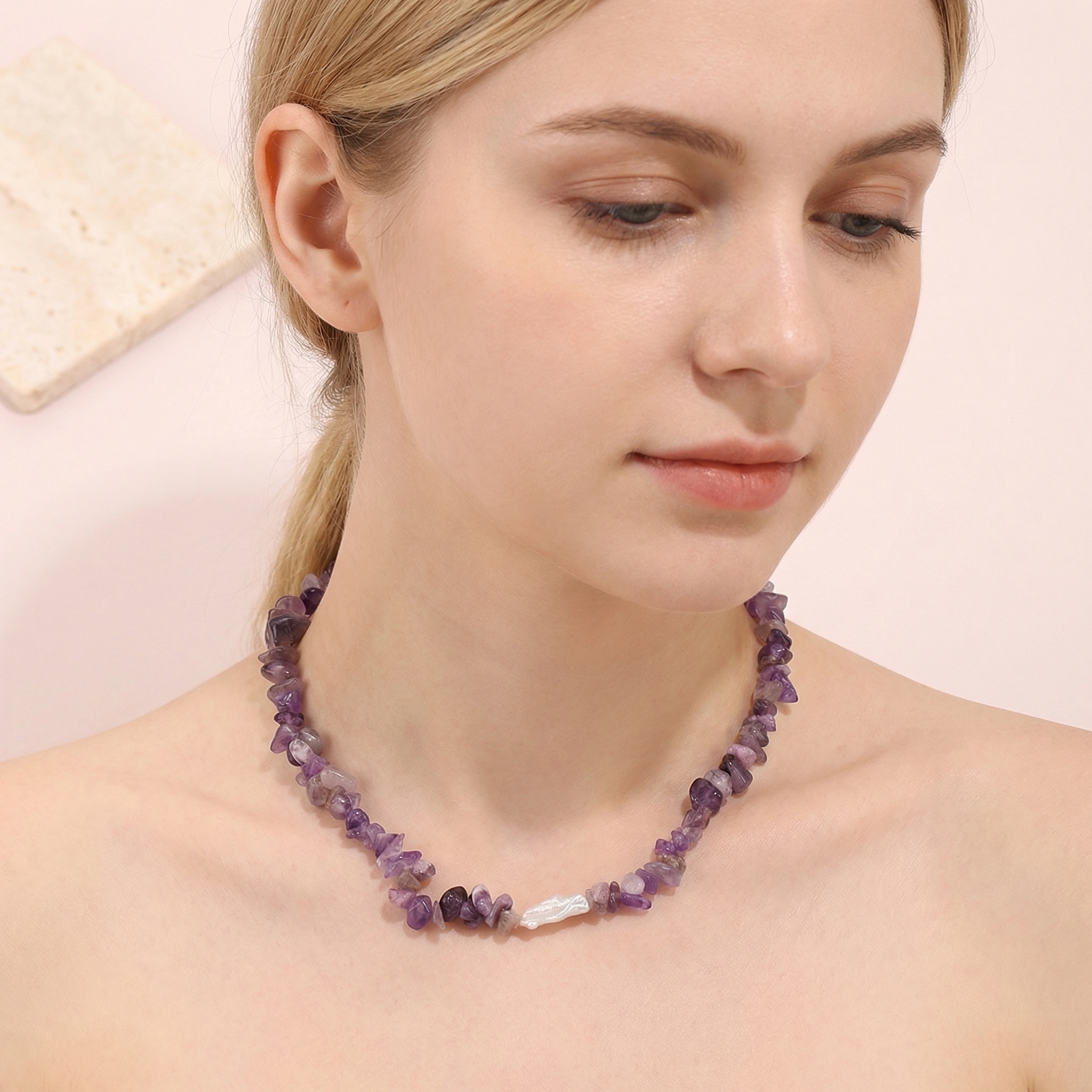 Handmade beaded amethyst necklace with natural baroque pearl pendant - Image 4
