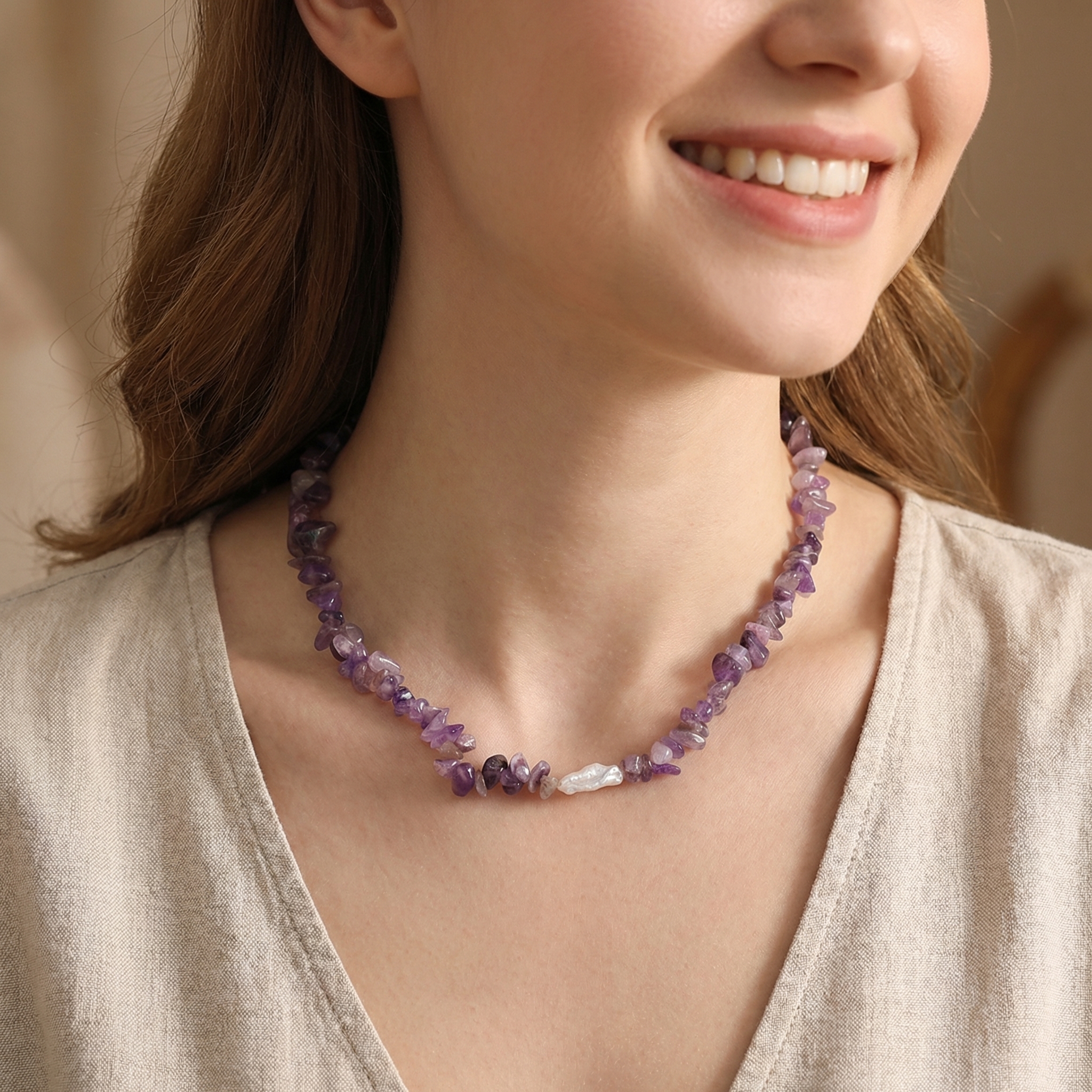 Handmade beaded amethyst necklace with natural baroque pearl pendant