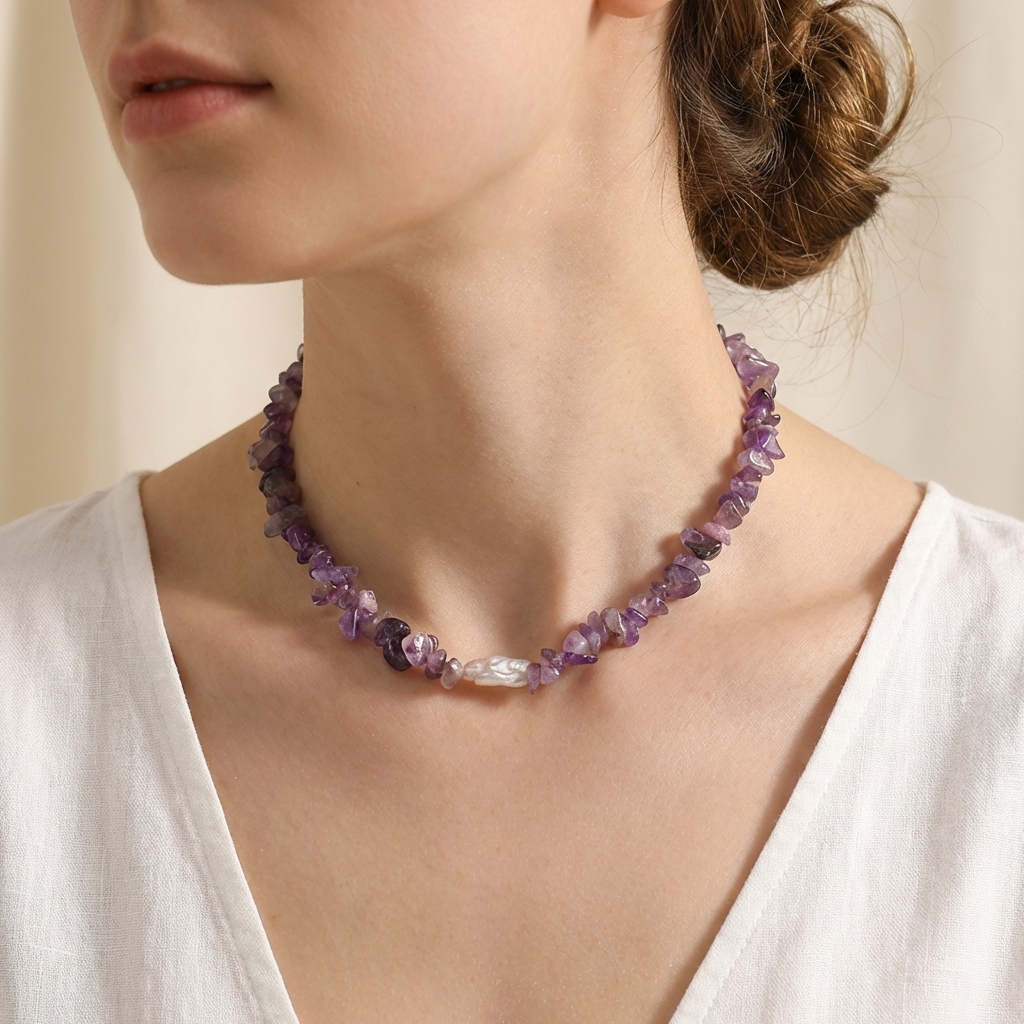 Handmade beaded amethyst necklace with natural baroque pearl pendant - Image 2