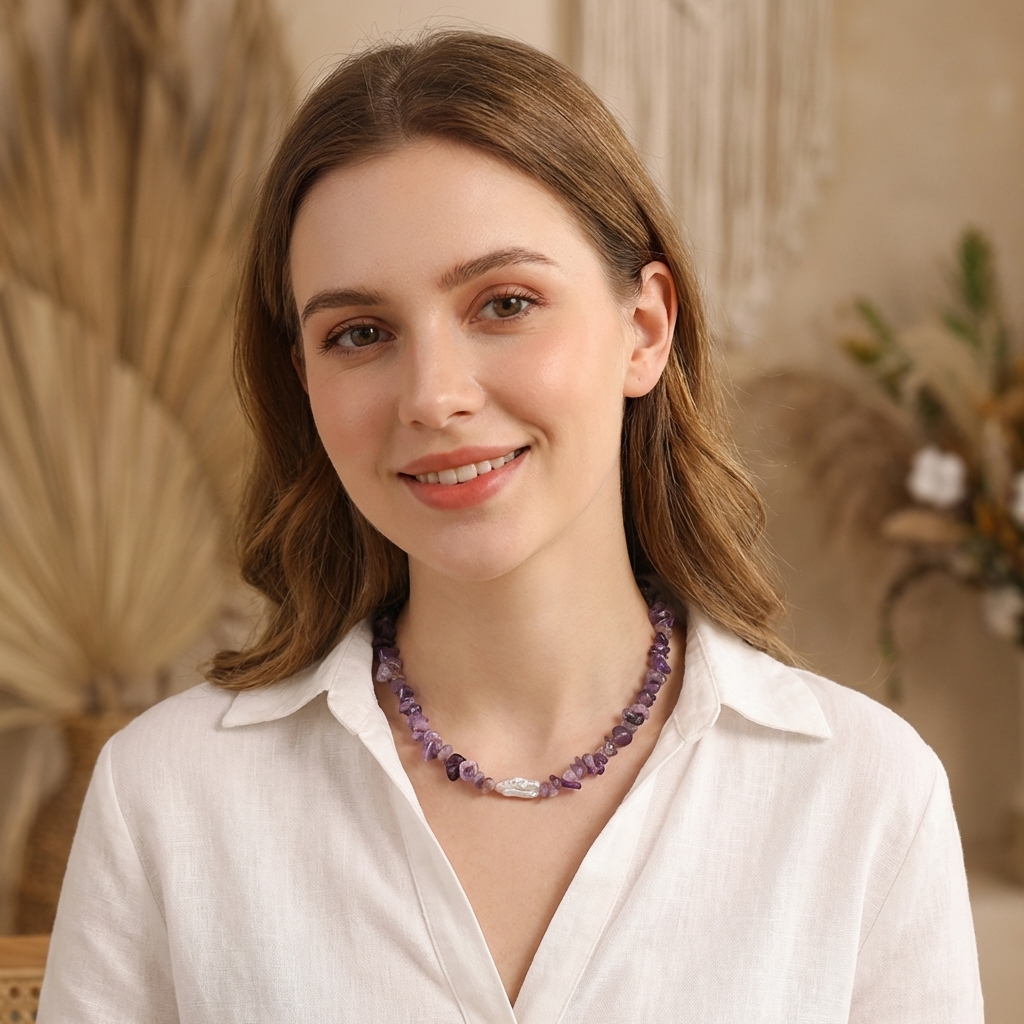 Handmade beaded amethyst necklace with natural baroque pearl pendant - Image 3