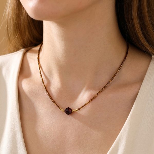 Seed bead necklace, faceted natural stone pendant necklace