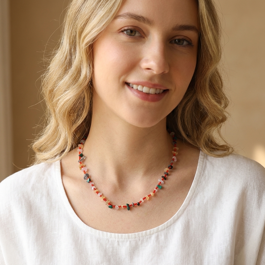 Mixed-color natural stone chips necklace, handcrafted bohemian style - Image 2