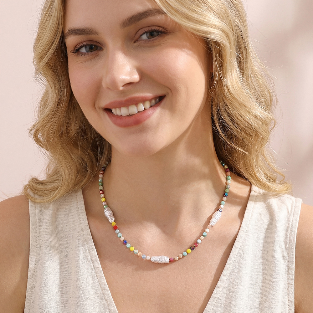 Handmade crystal necklace, beaded Baroque natural pearl necklace