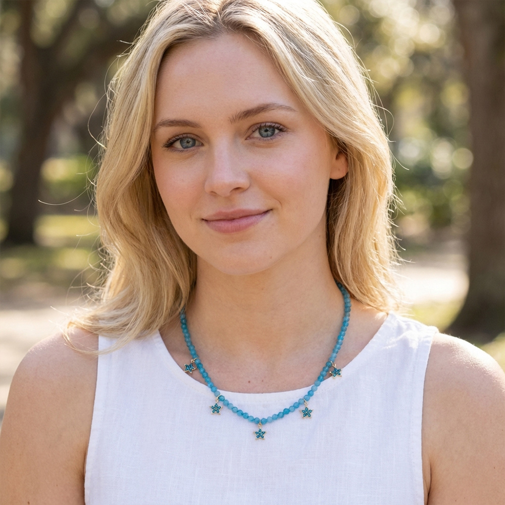 Blue crystal beaded necklace, stainless steel 14K gold plated five-pointed star pendant necklace - Image 2