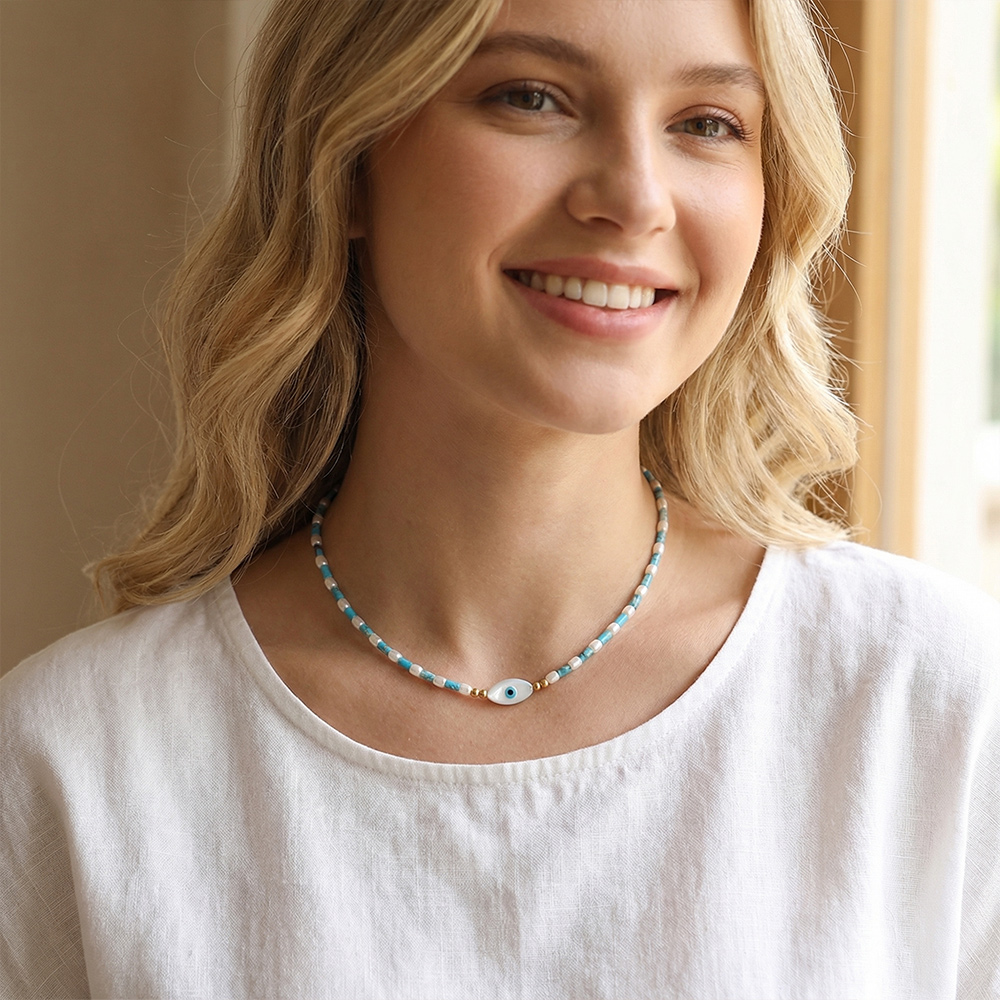 Turquoise Evil Eye Necklace, Hand-beaded Bohemian Style - Image 2