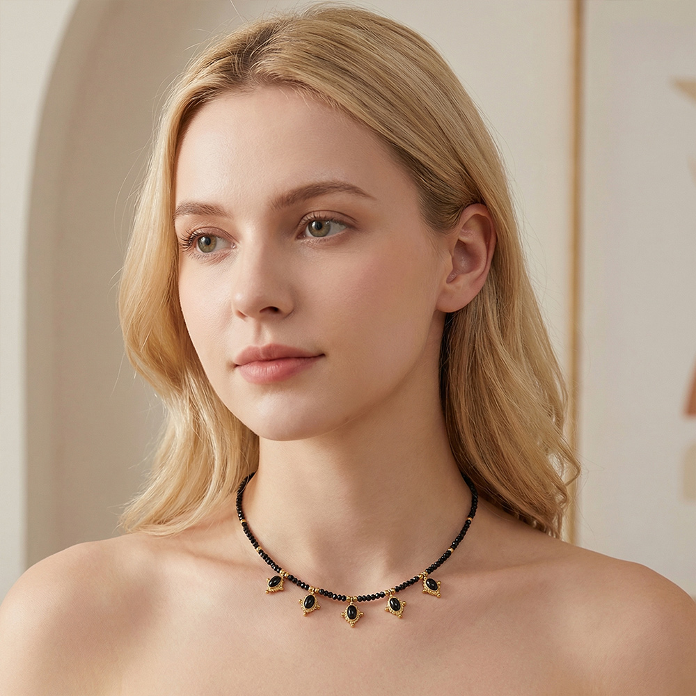 Handmade black flat crystal necklace with black natural stone pendant - Image 2