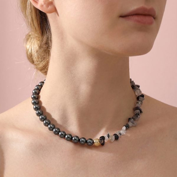 Minimalist modern design handmade beaded necklace, crystal stone black rutilated quartz pendant beadsMinimalist modern design handmade beaded necklace, crystal stone black rutilated quartz pendant beads