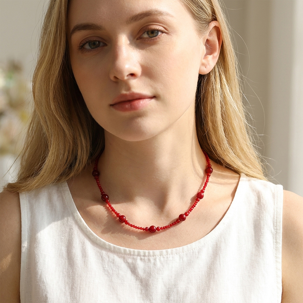 Angolan red beaded necklace, red crystal beaded chain - Image 2