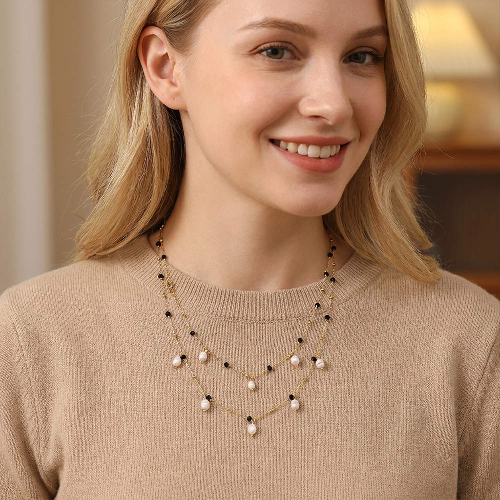 Natural freshwater pearl and black crystal double-layer necklace, vacuum-plated 14K gold stainless steel chain, handmade. - Image 2