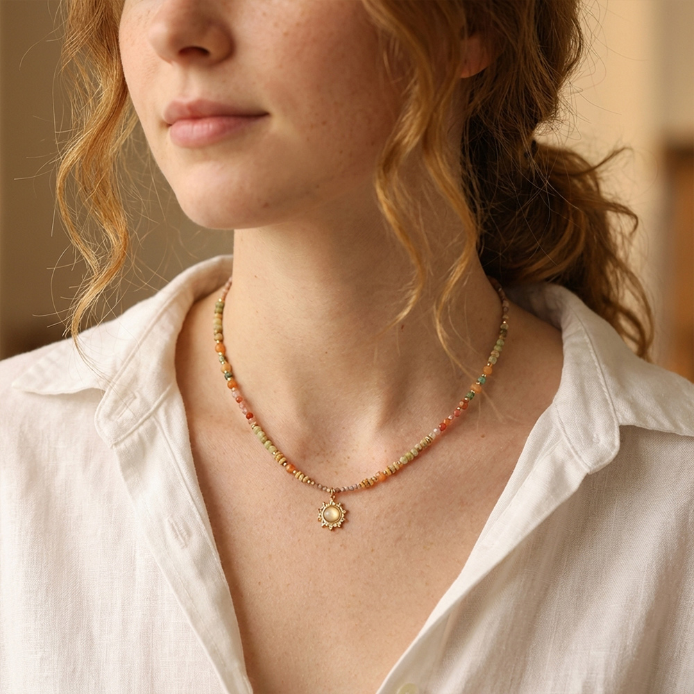 Bohemian style natural stone handmade beaded necklace, sun disc pendant necklace