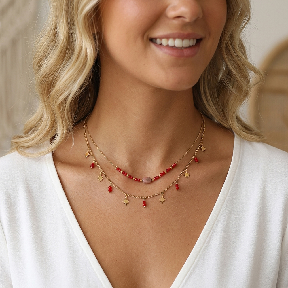 Bohemian-style double-layer handmade natural stone necklace, stainless steel 14K gold plated chain eight-pointed star necklace