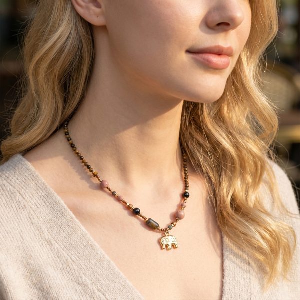 Bohemian style all encompassing natural stone bead handmade necklace, tiger eye stone, crystal, guardian elephant pendant
