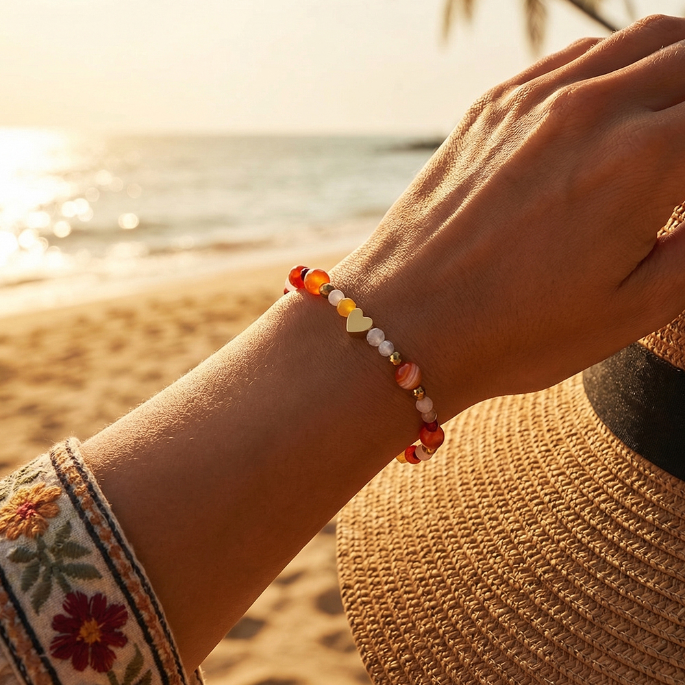 Heart-shaped colorful natural stone beaded bracelet