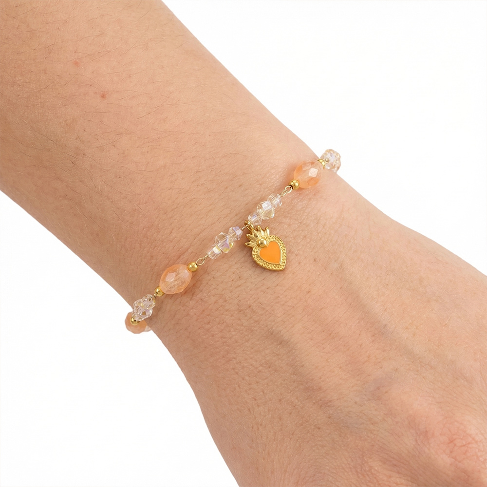 Sweet orange crystal natural stone heart pendant beaded bracelet - Image 2