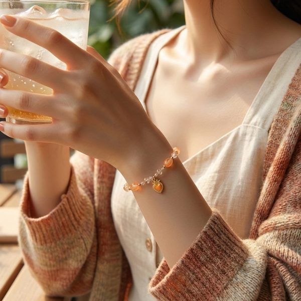 Sweet orange crystal natural stone heart pendant beaded bracelet
