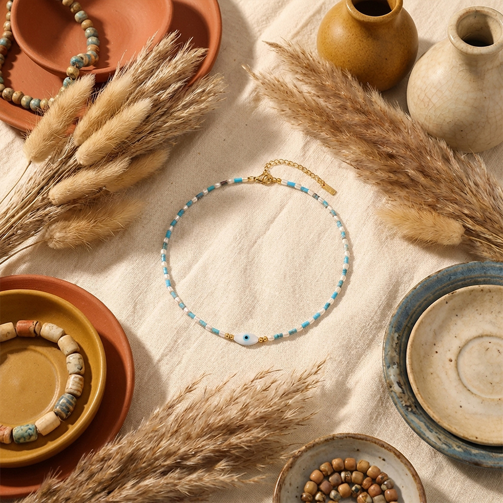 Turquoise Evil Eye Necklace, Hand-beaded Bohemian Style - Image 4