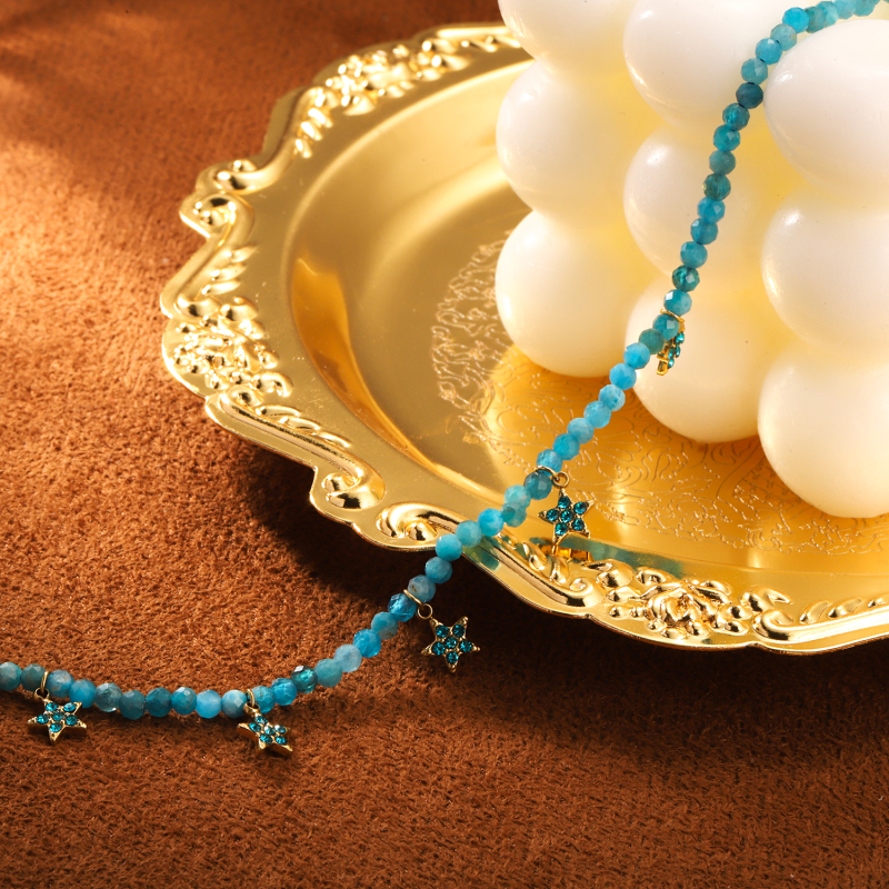 Blue crystal beaded necklace, stainless steel 14K gold plated five-pointed star pendant necklace - Image 3