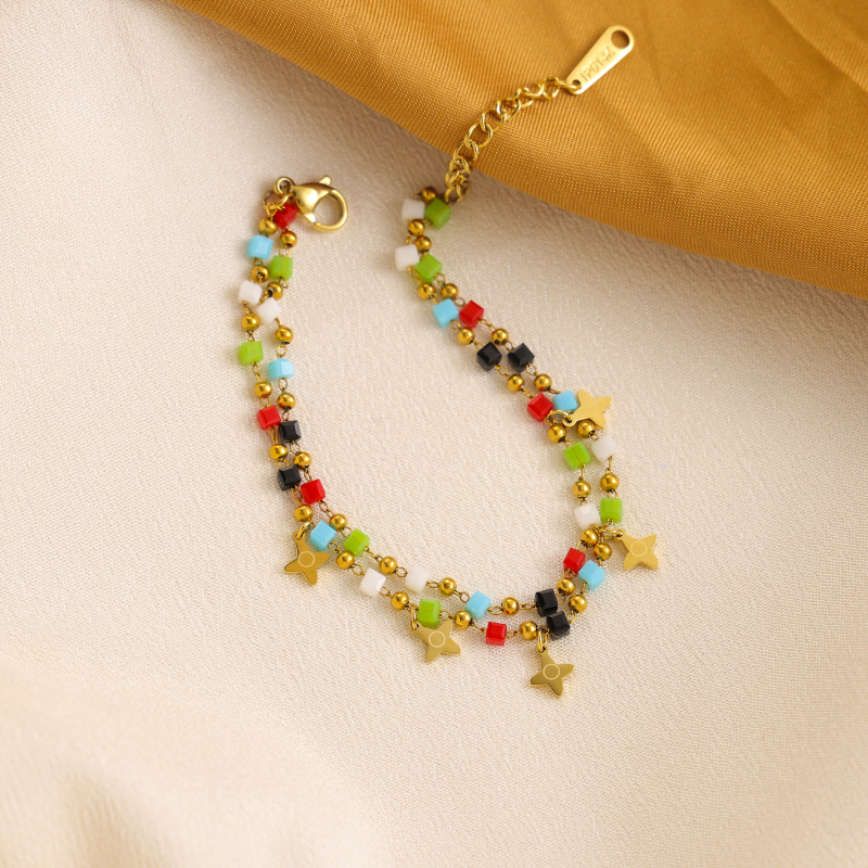 Double-layered colored natural stone square crystal cross star pendant bracelet, stainless steel electroplated 14K gold round bead chain - Image 7