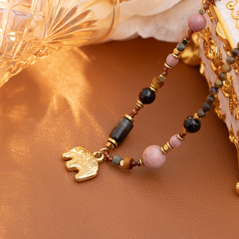 Bohemian style all encompassing natural stone bead handmade necklace, tiger eye stone, crystal, guardian elephant pendant - Image 3