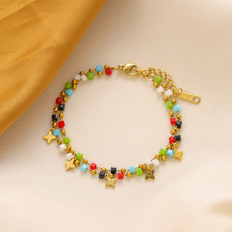 Double-layered colored natural stone square crystal cross star pendant bracelet, stainless steel electroplated 14K gold round bead chain - Image 6