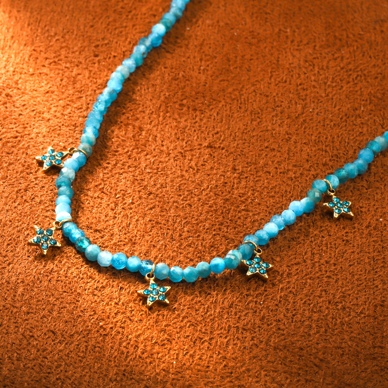 Blue crystal beaded necklace, stainless steel 14K gold plated five-pointed star pendant necklace - Image 4